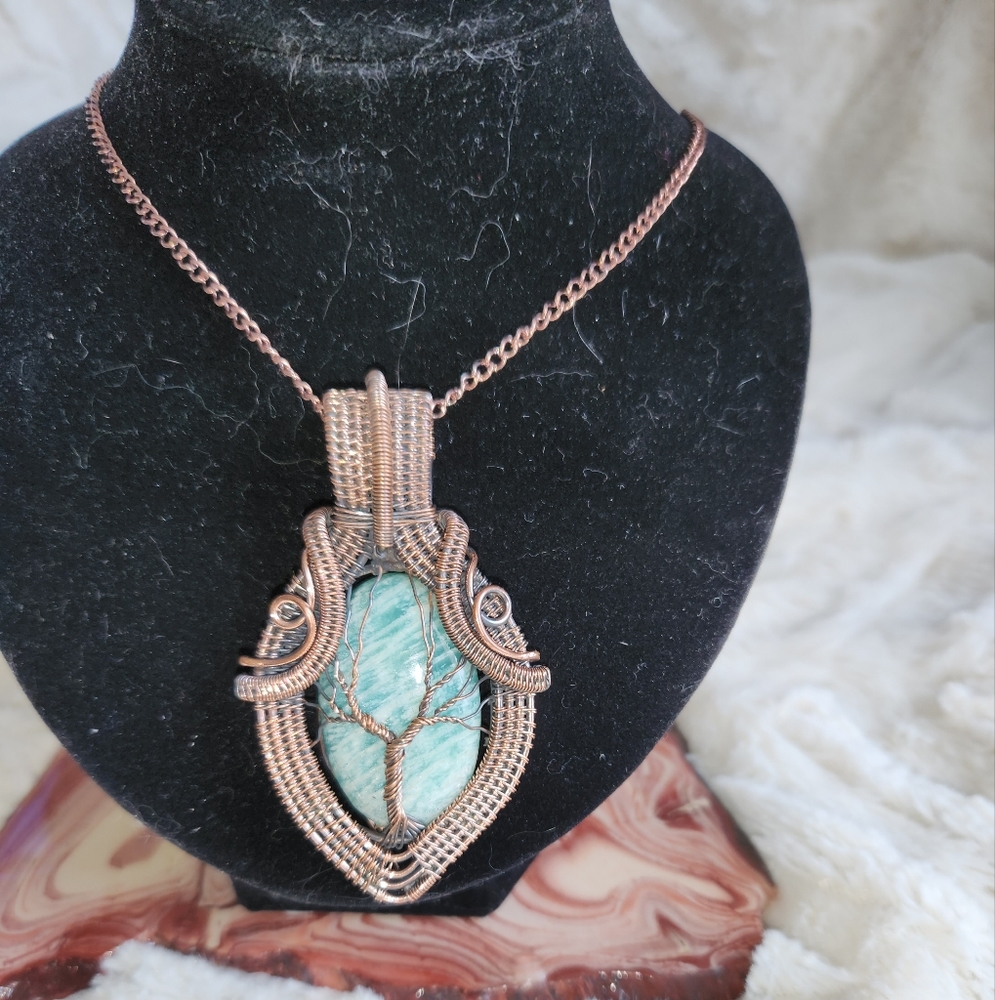 Elegant Copper Wire Wrapped Amazonite Tree of Life Pendant Necklace